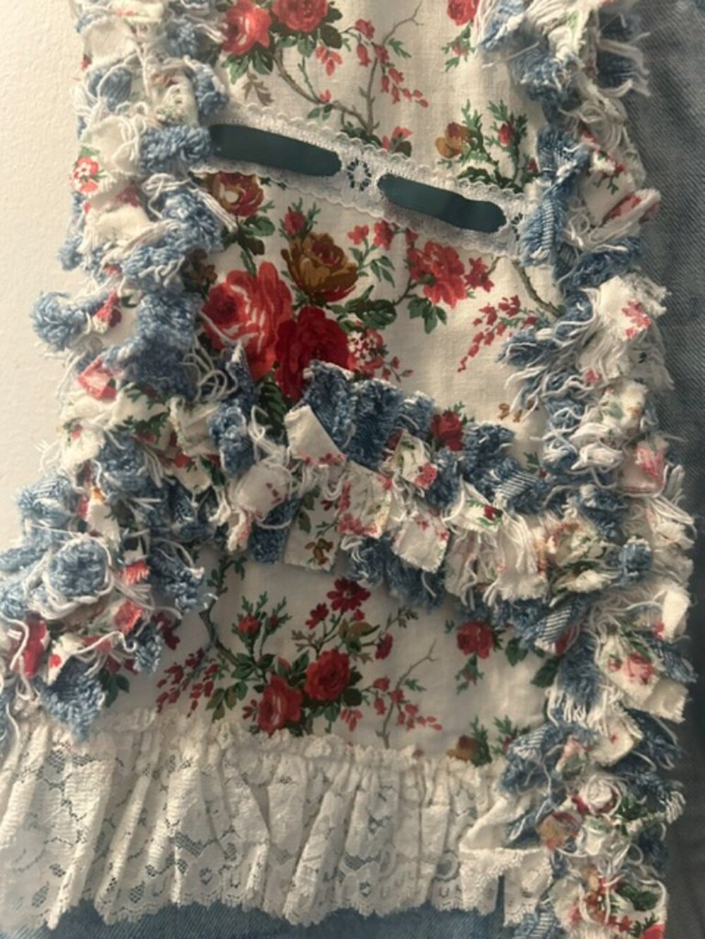 One of a Kind Upcycled Handcrafted Floral Lace Ribbon Distressed Denim Vest - Picture 6 of 16